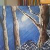 A three-quarter moon is pretty bright so I need to show it's reflection against the trees. I added detail to the tree trunks with raw and burnt umber and the highlight with white and ultramarine blue. 